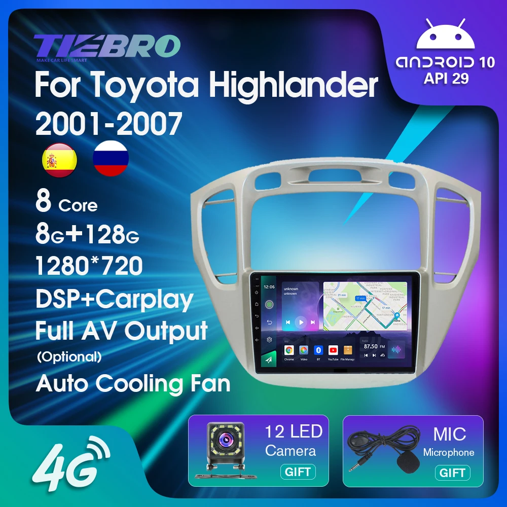 

TIEBRO 8CORE 8G+128G Car Radio For Toyota Highlander 2001-2007 2DIN Android10.0 Car Receiver Bluetooth Player GPS Auto Radio IPS