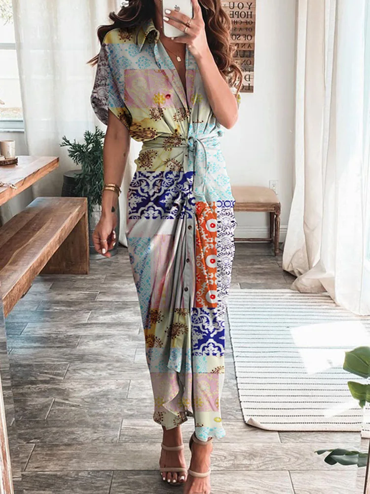 Retro Print Temperament Long Dress Women Elegant Commuter Short Sleeve Lapel Shirt Dress Fashion Ladies Lace Up Pleated Dresses
Retro Print Temperament Long Dress Women Elegant Commuter Short Sleeve Lapel Shirt Dress Fashion Ladies Lace Up Pleated Dresses