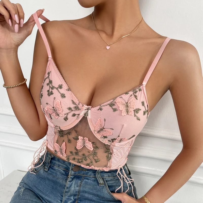 Women's Hollow Mesh Camisoles Sleeveless Tank Tops Lace Up See Through Crop Tops 
Women's Hollow Mesh Camisoles Sleeveless Tank Tops Lace Up See Through Crop Tops