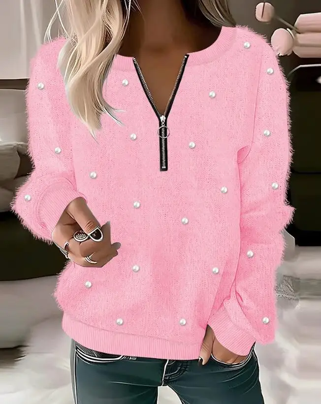 Fashion Bloues Women 2023 Autumn Long Sleeve Round Neck Zipper Design Pearls Decor Fuzzy Top Basics Casual Female Tee Pullovre
Fashion Bloues Women 2023 Autumn Long Sleeve Round Neck Zipper Design Pearls Decor Fuzzy Top Basics Casual Female Tee Pullovre