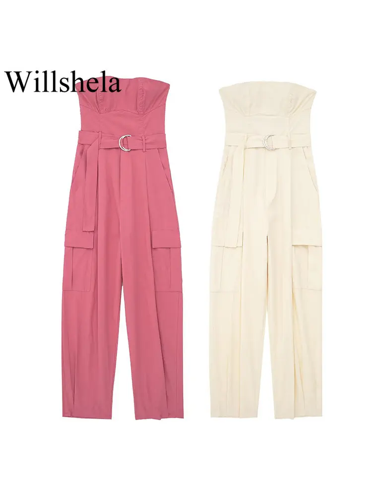 Wiilshela Women Fashion With Belt Pockets Solid Backless Jumpsuits Vintage Strapless Slash Neck Female Chic Lady Rompers
Wiilshela Women Fashion With Belt Pockets Solid Backless Jumpsuits Vintage Strapless Slash Neck Female Chic Lady Rompers