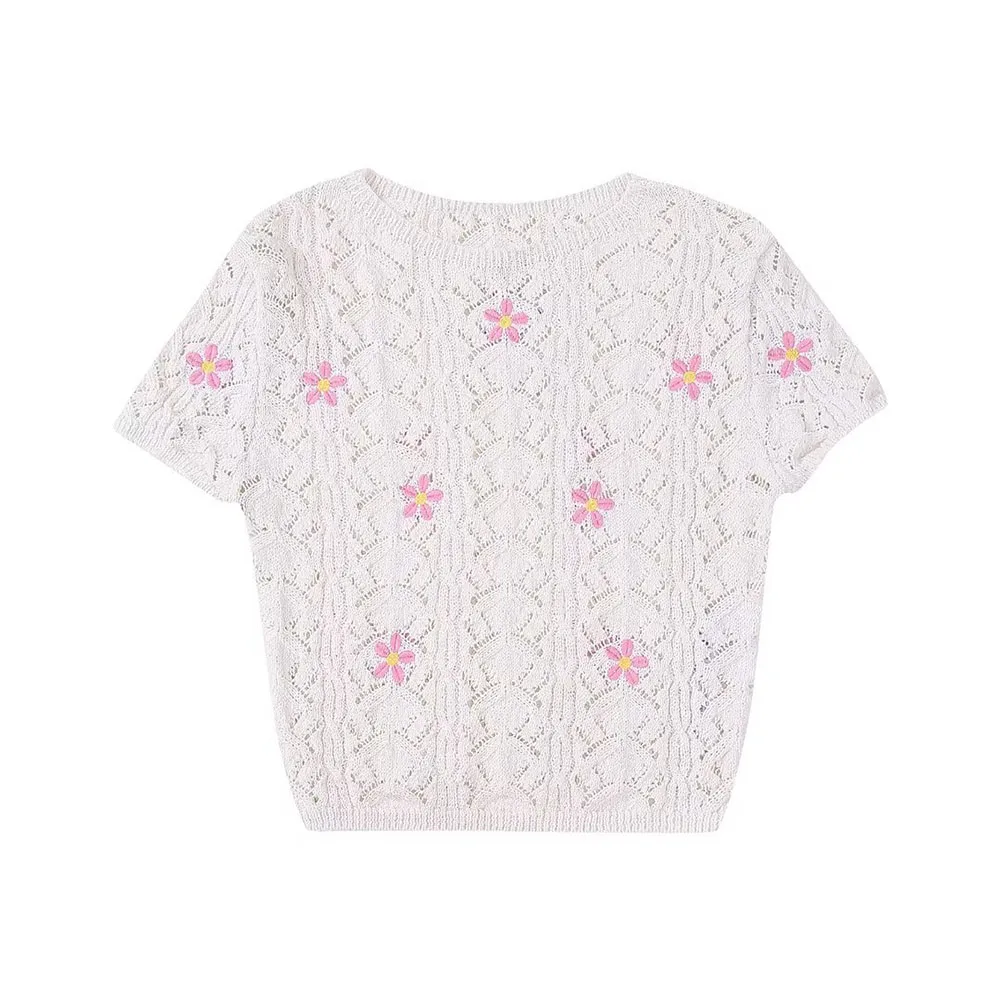 Summer new fashion women's clothing sweet and cute all-match stitching flower embroidery round neck short-sleeved knitted top
Summer new fashion women's clothing sweet and cute all-match stitching flower embroidery round neck short-sleeved knitted top