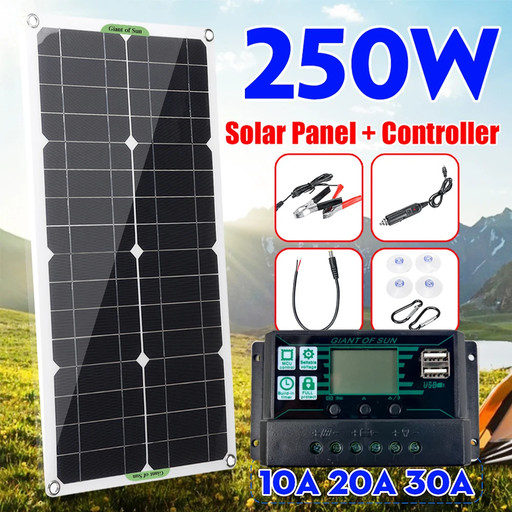 250W Solar Panel Kit 5V Dual USB Charging Interface Solar Board With 30A Controller Waterproof Solar Cells For RV Outdoor Supply
250W Solar Panel Kit 5V Dual USB Charging Interface Solar Board With 30A Controller Waterproof Solar Cells For RV Outdoor Supply