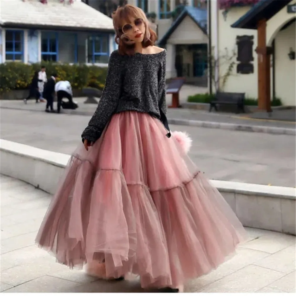 

Vintage Gothic Pleated Long Tulle Pleated Skirt Tutu Femme High Waisted Runway Mesh Long Skirts Autumn Korean Fashion Clothing