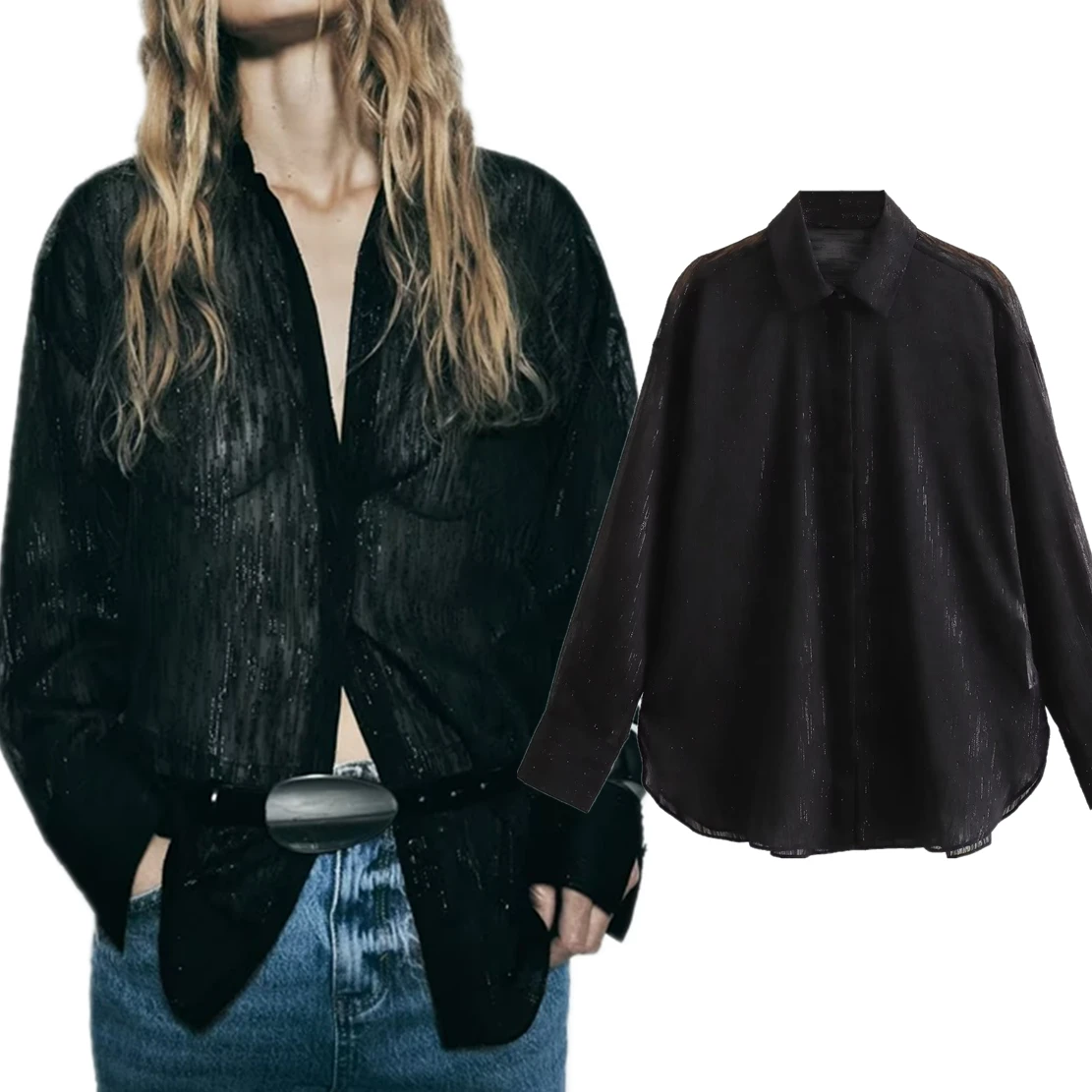 Dave&Di British Fashion Women's Metal Thread Shirt Elegant Black Chiffon Long Sleeve Shirt Women Blouse Tops
Dave&Di British Fashion Women's Metal Thread Shirt Elegant Black Chiffon Long Sleeve Shirt Women Blouse Tops