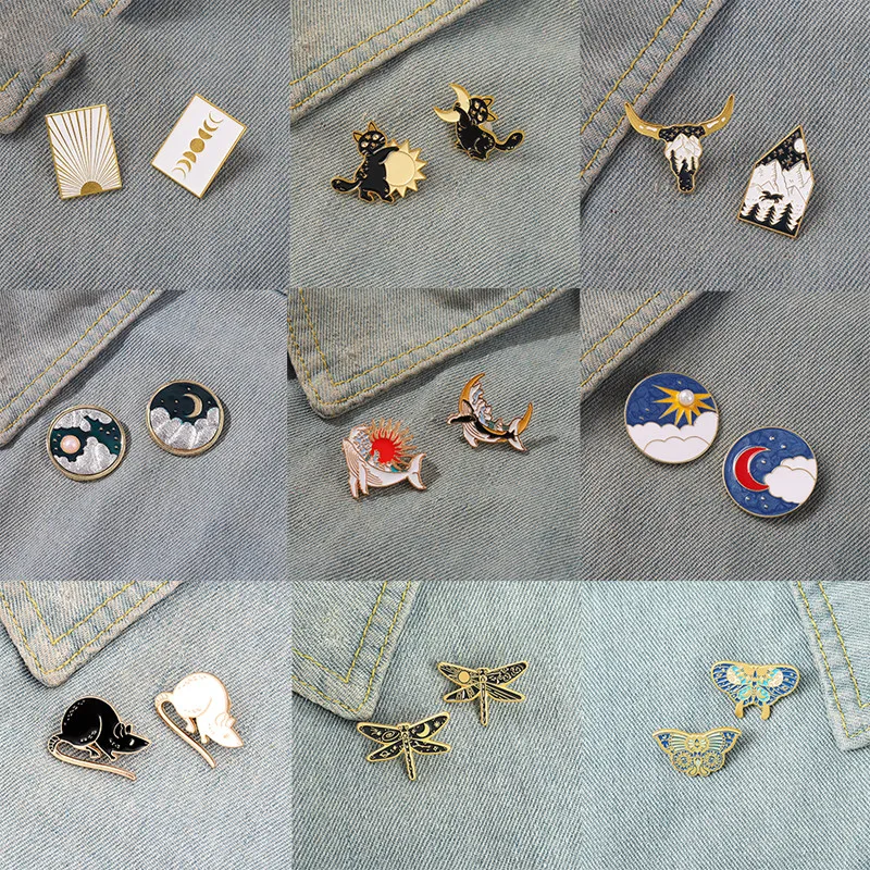 2pcs/set Sun Moon Enamel Pin Custom Day Night Moth Cat Whale Wolf Rat Fox Brooches Bag Clothes Badge Fashion Jewelry Wholesale
2pcs/set Sun Moon Enamel Pin Custom Day Night Moth Cat Whale Wolf Rat Fox Brooches Bag Clothes Badge Fashion Jewelry Wholesale