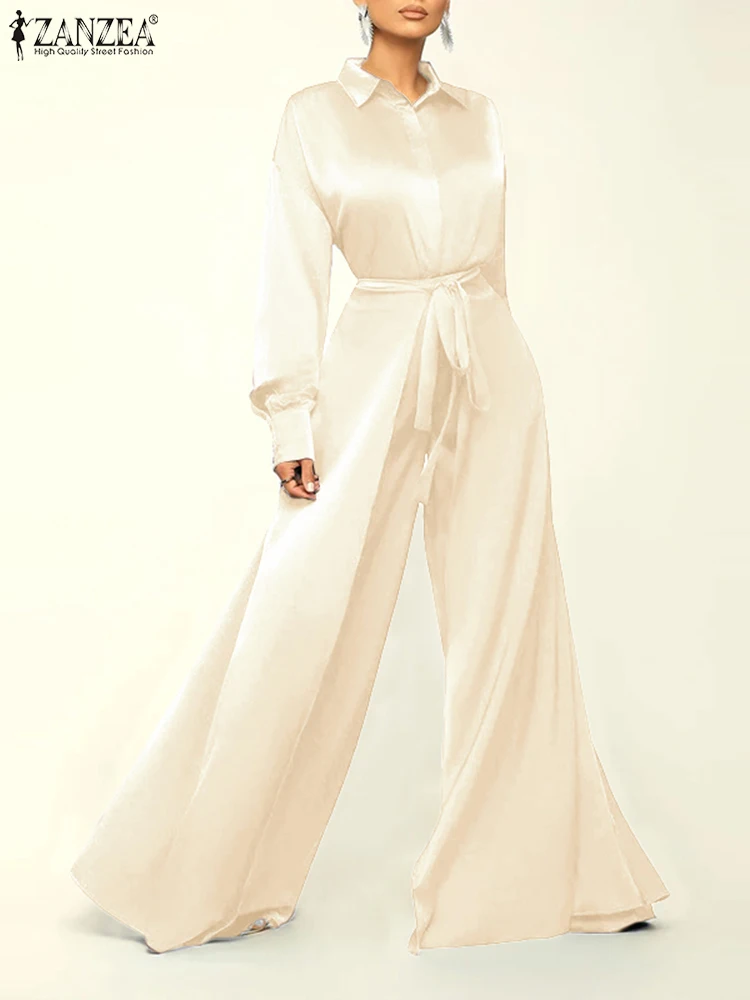 ZANZEA 2023 New Satin Silk Jumpsuits Lapel Waisted Fashion Belted Wide Leg Pant Overalls Long Sleeve Elegant Women Playsuits
ZANZEA 2023 New Satin Silk Jumpsuits Lapel Waisted Fashion Belted Wide Leg Pant Overalls Long Sleeve Elegant Women Playsuits