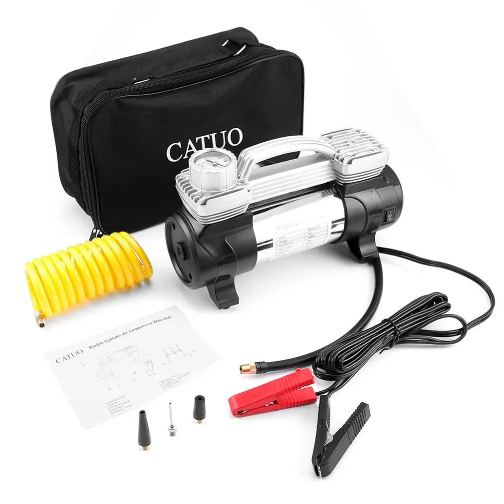 

CATUO Portable Double Cylinder Air Compressor Tire Inflator High Power 12V DC Pump to 100 Psi With LED Light Thermal Design