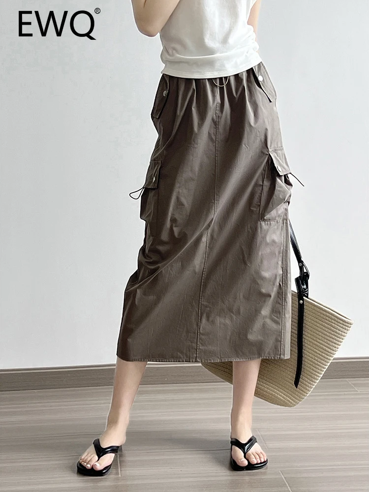 

EWQ Drawstring Design Streetwear Skirt For Women Elastic High Waist Straight Split Skirts Female 2023 Autumn New 26D4508