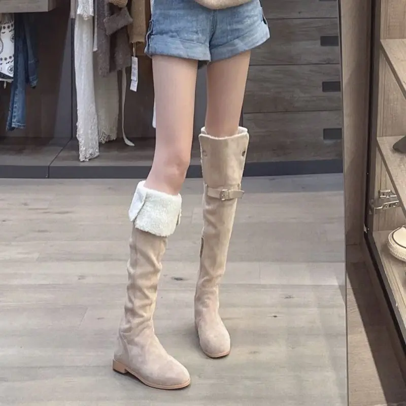 

Winter Lamb Hair Over The Knee Boots Women 2024 New Plus Velvet Warm Snow Boots Tall Long Boots Khaki Cow Suede Flat Botas Shoe