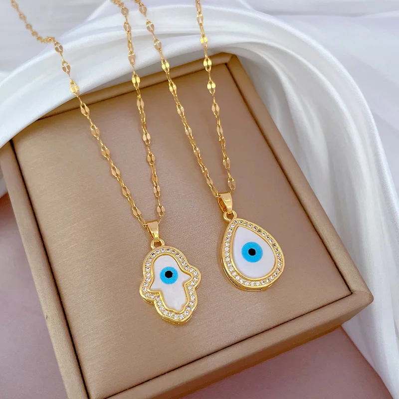 Lucky Jewelry Evil Eye Pendant Necklace for Women Couple Men Gold Color Palm Water Drop Choker Steel Chain Party Turkish Gift
Lucky Jewelry Evil Eye Pendant Necklace for Women Couple Men Gold Color Palm Water Drop Choker Steel Chain Party Turkish Gift