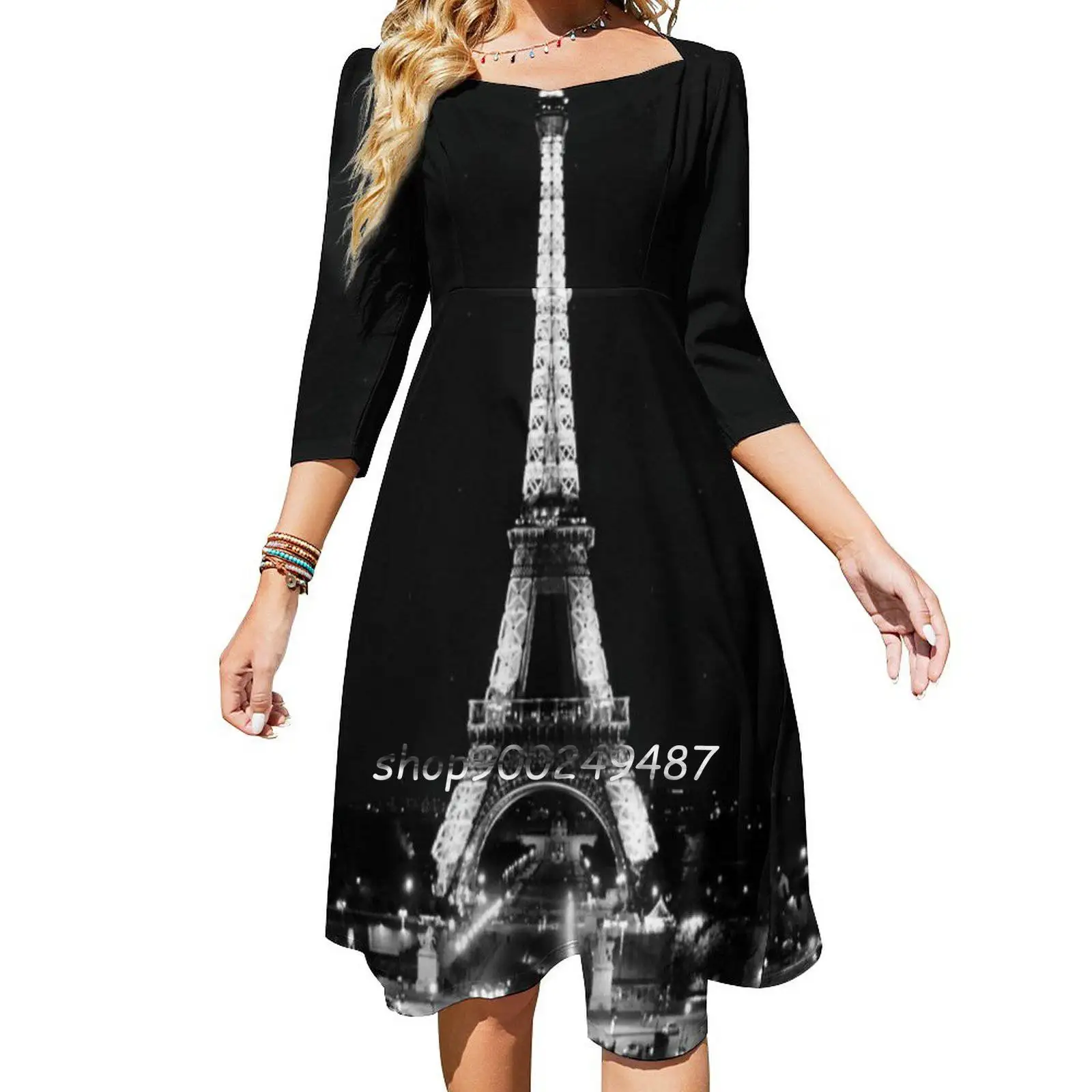 

Eiffel Tower Paris At Night Black And White Square Neck Dress Cute Loose Print Dresses Elegant Beach Party Dress Eiffel Tower