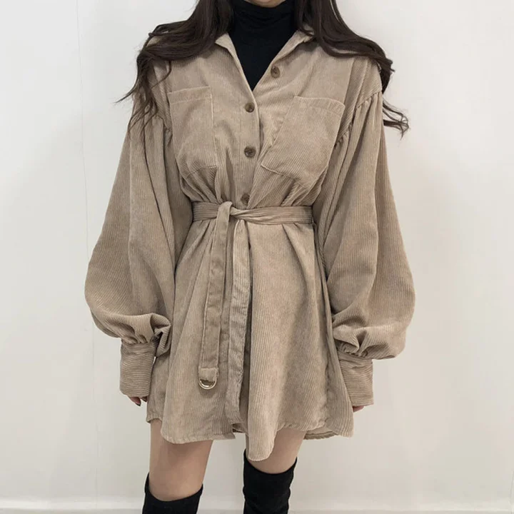 Women's Dress Korean Chic Winter Lapel Pocket Single Breasted Lace Up Waist Short Sleeve Corduroy Dress Rachel
Women's Dress Korean Chic Winter Lapel Pocket Single Breasted Lace Up Waist Short Sleeve Corduroy Dress Rachel