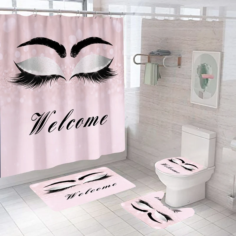 

Eyeshadow Printed Bathroom Curtain Flannel Toilet Lid Cover Anti-Slip Soft Carpet Shower Curtain Bath Mats Set