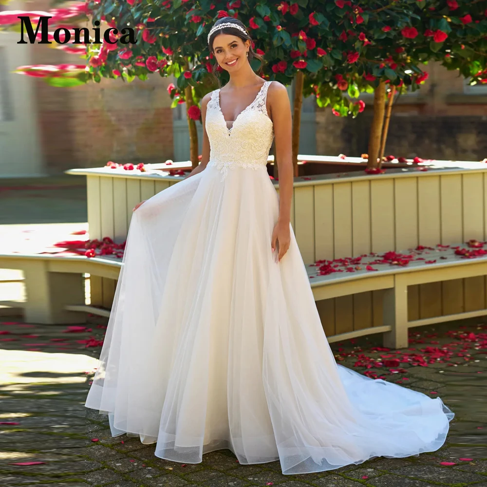 MONICA Simple Lace Up Wedding Gown For Bride V-Neck Tank Appliques Backless Court Train Sleeveless Tulle Vestidos De Novia
MONICA Simple Lace Up Wedding Gown For Bride V-Neck Tank Appliques Backless Court Train Sleeveless Tulle Vestidos De Novia