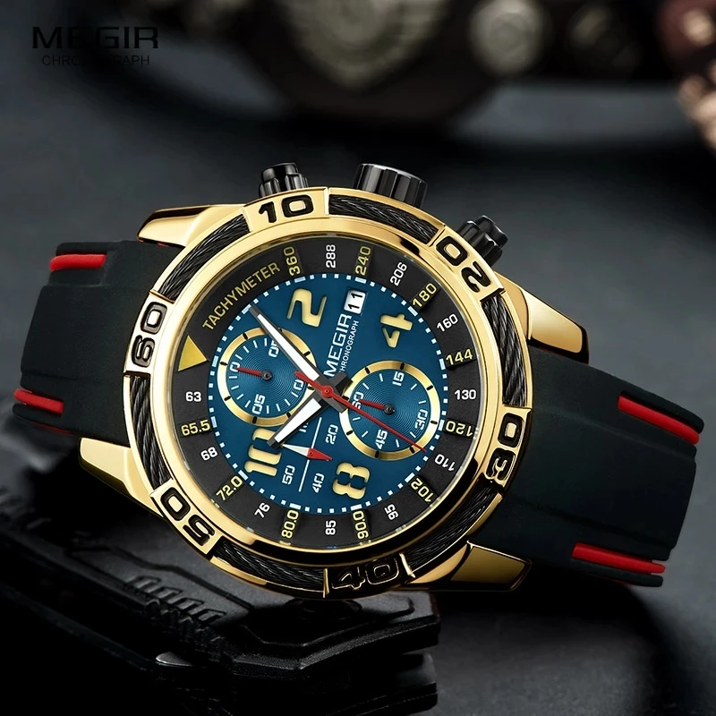

Megir Analogue Chronograph Battery Quartz Watch for Man Men's Black Silicone Bracelete Sport Wristwatch Boy's Stopwatch 2045G