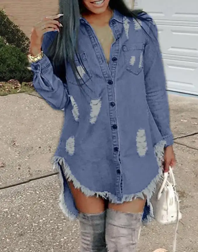 Women's Shirt Autumn Dip Hem Ripped Fringe Button Front Denim Top Fashion Ladies Top Hip Hop Style Blouse Long Sleeve Shirts
Women's Shirt Autumn Dip Hem Ripped Fringe Button Front Denim Top Fashion Ladies Top Hip Hop Style Blouse Long Sleeve Shirts