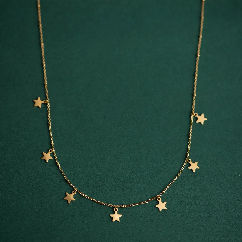 Тонкая золотая цепочка из нержавеющей стали, Европейская и американская мода, Маленькая подвеска в виде звезды, ожерелье 14 золотистого цвет... 
Тонкая золотая цепочка из нержавеющей стали, Европейская и американская мода, Маленькая подвеска в виде звезды, ожерелье 14 золотистого цвет...