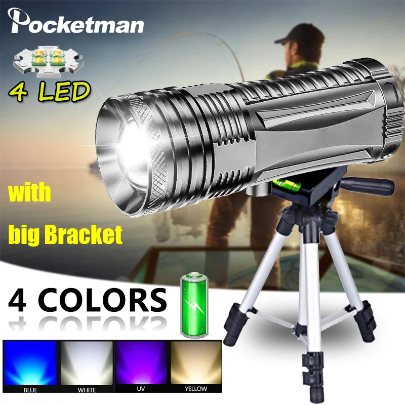 High Lumen 4 Light Sources Blue UV White Yellow Light Fishing Flashlight Waterproof USB Rechargeable Torch with Bracket Lanterna
High Lumen 4 Light Sources Blue UV White Yellow Light Fishing Flashlight Waterproof USB Rechargeable Torch with Bracket Lanterna