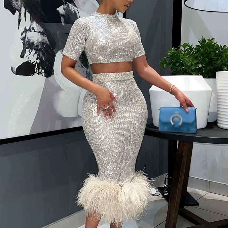 Spring Ladies Short Top High Waist Skinny Half Skirt Two Piece Women's Skirt Set Summer Solid Color Sequin Feather Set
Spring Ladies Short Top High Waist Skinny Half Skirt Two Piece Women's Skirt Set Summer Solid Color Sequin Feather Set
