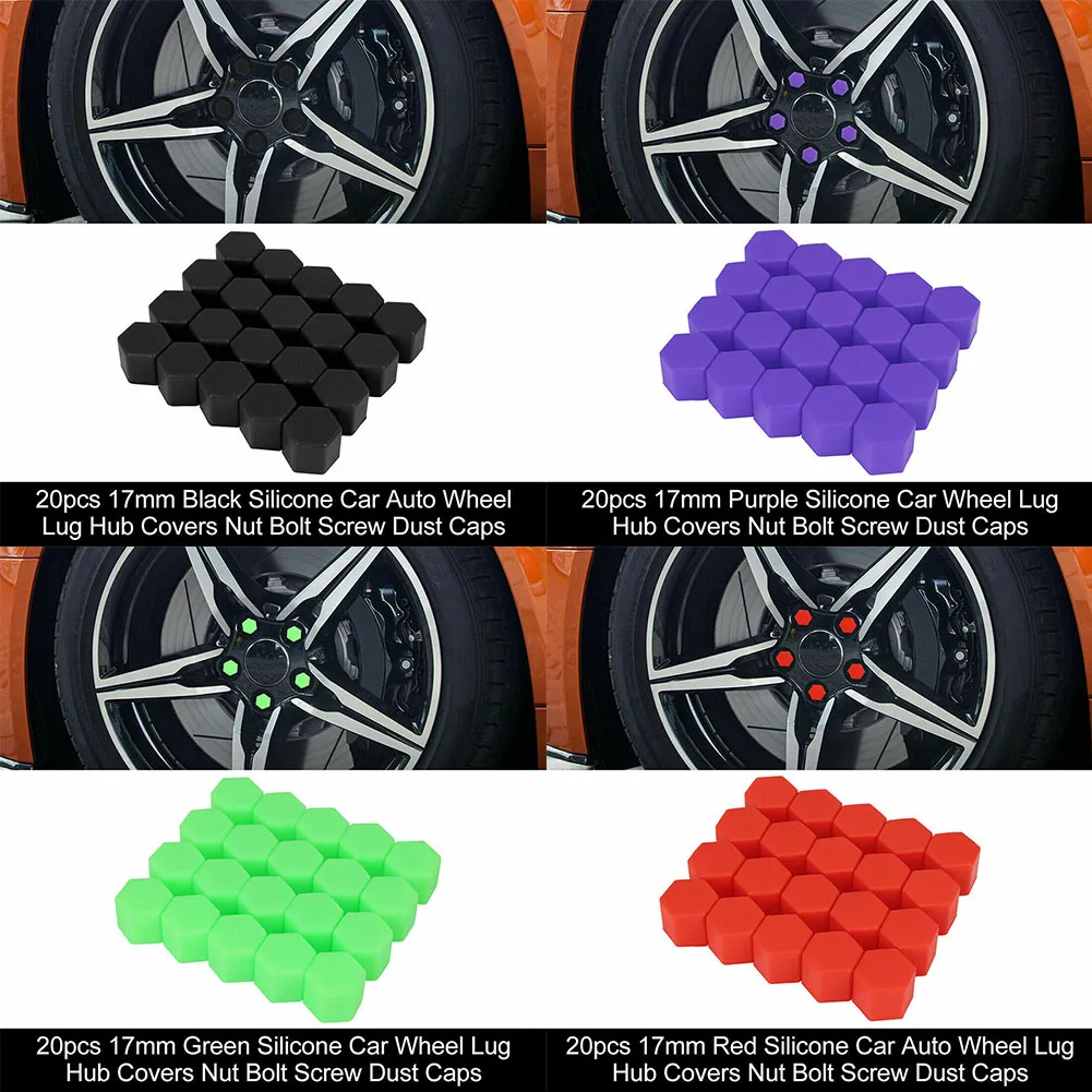 

20pcs 17mm Silicone Car Rims Wheel Nut Screw Cover Lug Dust Bolt Cap Hub Black/Red/Purple/Green Dust Prevention Car Accessory