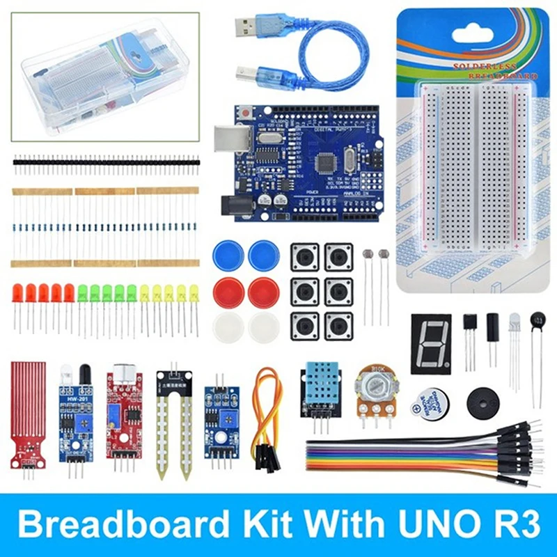 

Базовый Стартовый Комплект UNO R3 для самостоятельной сборки, набор макетной платы с датчиком Arduino и коробкой