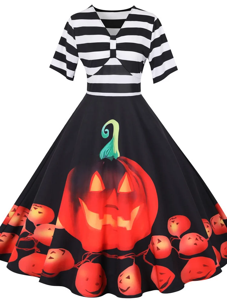 2022 New Pumpkin Print Halloween Dress Women Short Sleeve V Neck Vintage Casual Party Dresses Elegant Striped A-Line Vestidos
2022 New Pumpkin Print Halloween Dress Women Short Sleeve V Neck Vintage Casual Party Dresses Elegant Striped A-Line Vestidos