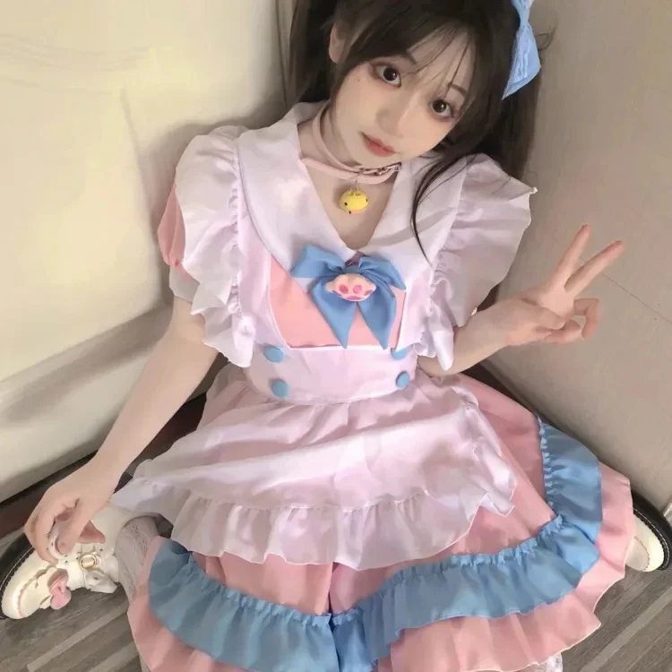 Women Maid Lolita Dress Anime Kawaii Pink Blue Lace Trim Apron Cat paw Lolita Dresses Cosplay Costume Full Five piece set
Women Maid Lolita Dress Anime Kawaii Pink Blue Lace Trim Apron Cat paw Lolita Dresses Cosplay Costume Full Five piece set