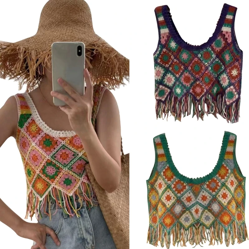 

Beach Vacation Crop Top Women Crochet Knit Colorful Plaid Tassels Hem Cami Vest P8DB