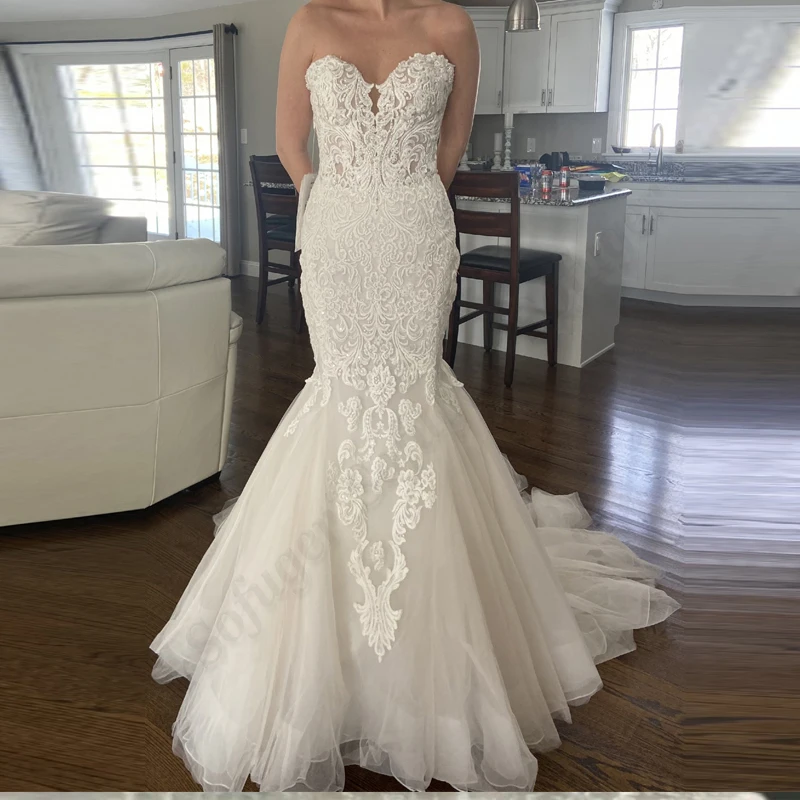 Sexy Mermaid Wedding Dresses 2022 Backless Sweetheart Sleeveless Lace Appliques Court Train Custom Made Vestidos De Novia
Sexy Mermaid Wedding Dresses 2022 Backless Sweetheart Sleeveless Lace Appliques Court Train Custom Made Vestidos De Novia