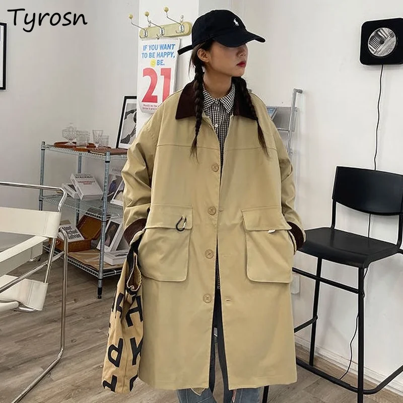 Trench Women Retro Khaki Panelled Turn-down Collar Long Style Outwear Harajuku Streetwear Pockets Single Breasted Jackets Teens
Trench Women Retro Khaki Panelled Turn-down Collar Long Style Outwear Harajuku Streetwear Pockets Single Breasted Jackets Teens