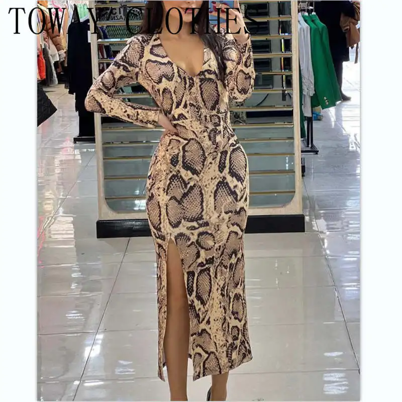 

Dress For Women 2023 V-Neck Snakeskin Print Long Sleeve High Slit Dress Mid-Calf Sexy Dresses