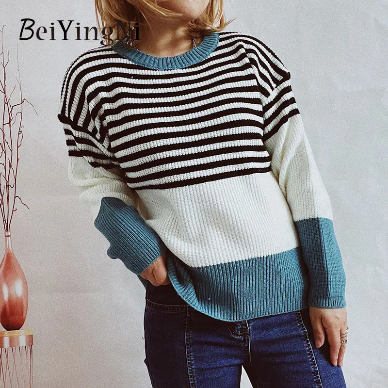 Beiyingni Women Spell Color Sweater O-neck Striped Long Sleeve Loose Knitting Femme Pullover Fashion Casual Sweater Blue Jumper
Beiyingni Women Spell Color Sweater O-neck Striped Long Sleeve Loose Knitting Femme Pullover Fashion Casual Sweater Blue Jumper