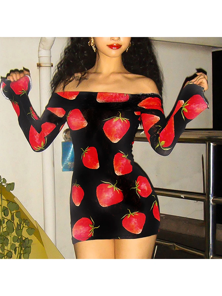 Women Bodycon Dress Long Sleeve Off-shoulder Dress Strawberry Print Slim Fit Mini Dress
Women Bodycon Dress Long Sleeve Off-shoulder Dress Strawberry Print Slim Fit Mini Dress