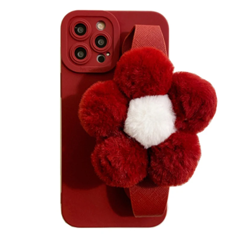 

Plush Flower Wristband Red Silicone Phone Case For Iphone 13 12 14 11 Pro Max X Xr Xs Max 7 8 Plus Se 13Pro Lens Full Wrap Cover