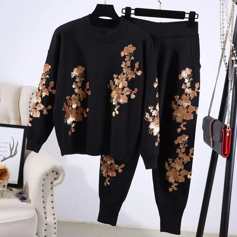 

Handmade Silver Gold Sequin Flowers Tracksuit Outfits O Neck long sleeve Knitted Tops Pencil Pants Women Knitwear Casual 2pc set