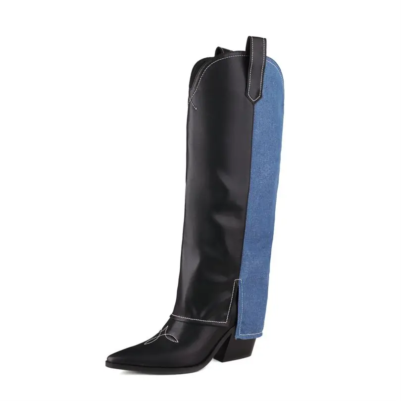 Knee High Women Boots 2023 New Denim Stitching Embroidery Women Shoes Pointed Toe High Beel Western Cowboy Boots Dropshopping
Knee High Women Boots 2023 New Denim Stitching Embroidery Women Shoes Pointed Toe High Beel Western Cowboy Boots Dropshopping