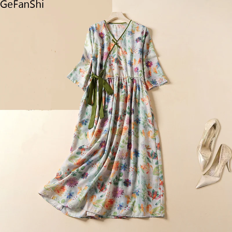 

2022 New Women Dresses Vintage Casual Print Half Sleeve V-Neck Summer A-line Elegant Office Ladies Dress Brief Chic Clothing