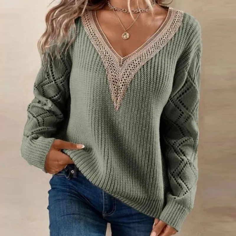 

Элегантный вязаный пуловер с V-образным вырезом, свитер, Женский Повседневный кружевной джемпер в стиле пэчворк с длинным рукавом, модный осенний свободный офисный теплый свитер