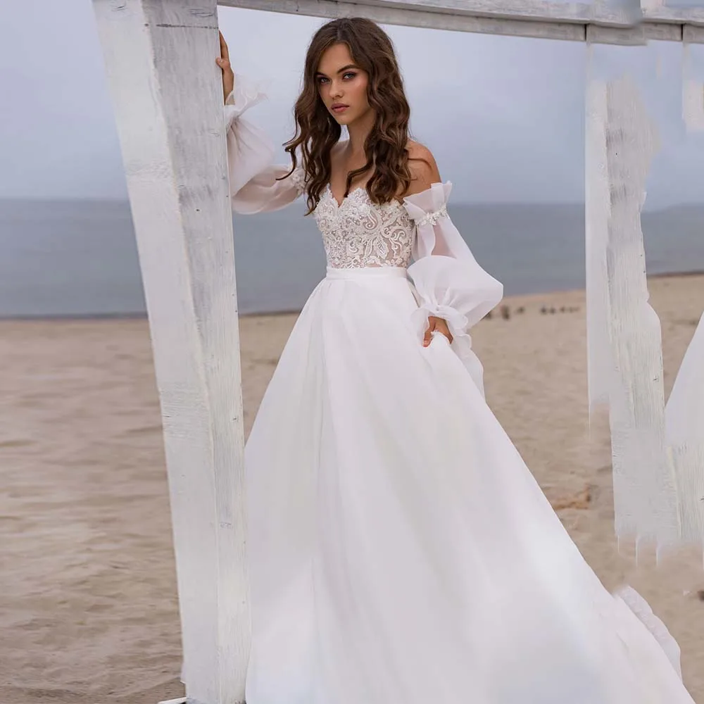 Elegant Wedding Gowns Lace Appliques Beaded Sweetheart Bridal Gown 2022 New Lace Up Off Shoulder A-Line Bride Dress For Women 
Elegant Wedding Gowns Lace Appliques Beaded Sweetheart Bridal Gown 2022 New Lace Up Off Shoulder A-Line Bride Dress For Women
