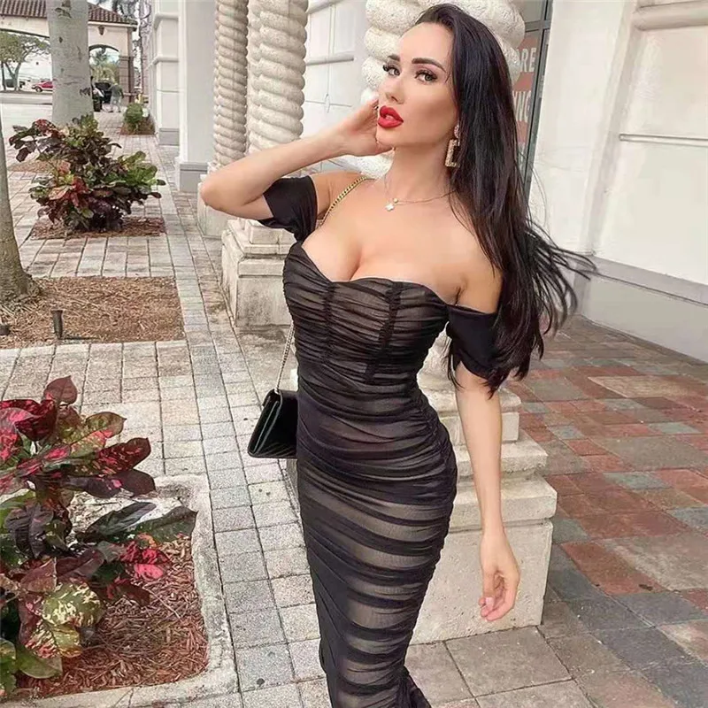 Off Shoulder Summer Ruched Dress Black Slash Neck Mesh Patchwork Bodycon Midi Women Clothing Sexy Club Party Fashion Dresses
Off Shoulder Summer Ruched Dress Black Slash Neck Mesh Patchwork Bodycon Midi Women Clothing Sexy Club Party Fashion Dresses