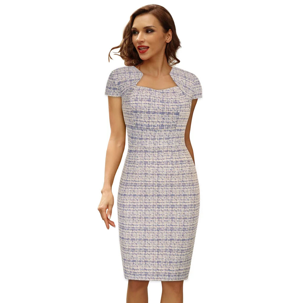 

GK Women Dress Vintage Defined Waist Lattice Texture Elegant Short Sleeve Back Slit OL Bodycon Dress Slim Fit Pencil Dresses