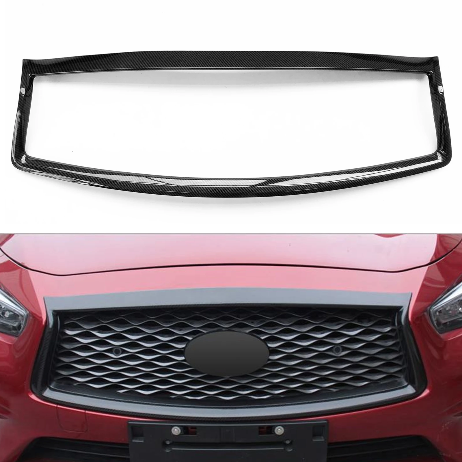 

For Infiniti Q50 2014-2017 Grille Grill Frame Strip Carbon Fiber Look Car Replacement Front Bumper Hood Cover Overlay Bezel Trim
