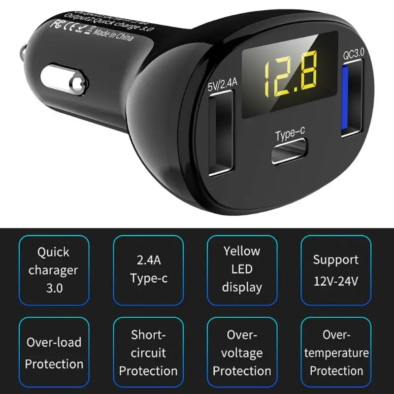

12V 24V Auto Boat Dual USB Port QC 3.0 Type C Car Charger LED Voltmeter Mobile Phone Charging Adapter for Smartphone GPS Tablet
