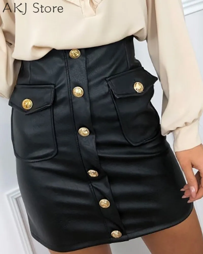 Женская облегающая юбка из ПУ кожи с карманами и пуговицами 
Женская облегающая юбка из ПУ кожи с карманами и пуговицами