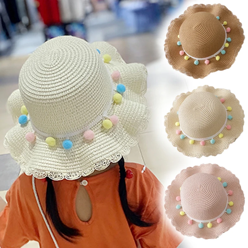 Шляпа от солнца Соломенная с широкими полями для девочек, милая цветная Панама с помпонами, с защитой от ультрафиолета, для пляжа, летняя 
Шляпа от солнца Соломенная с широкими полями для девочек, милая цветная Панама с помпонами, с защитой от ультрафиолета, для пляжа, летняя
