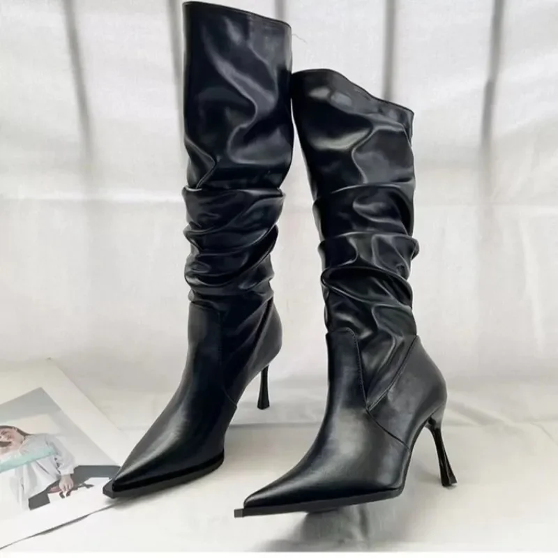 

Женская обувь 2023 высококачественные женские сапоги без шнуровки модные плиссированные офисные и деловые привлекательные сапоги до колена с острым носком