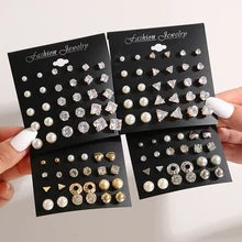17KM Zircon Crystal Pearl Earrings Fashion Silver Color Geometric Metal Bead Ear Studs For Women Girls 2023 New Trend Jewelry
