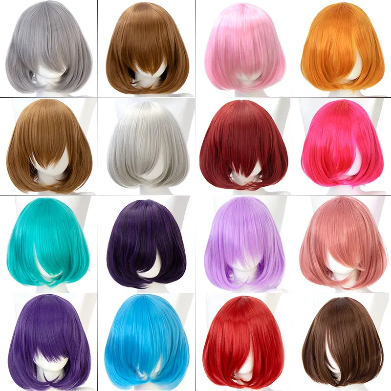 

35cm Short Straight Hair with Bangs Synthetic Pink Red Blue Purple Lolita Cosplay Wig for women Hair extensions Bob cut MUMUPI