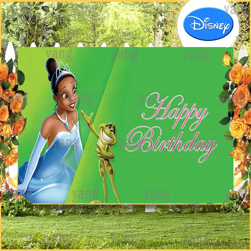 

Disney Princess Tiana and The Frog Baby Shower Backdrop Girl Birthday Party Cake Banner Green Photography Background Decoration